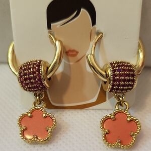 Gold Plated and Coral Clovers Floral Earrings